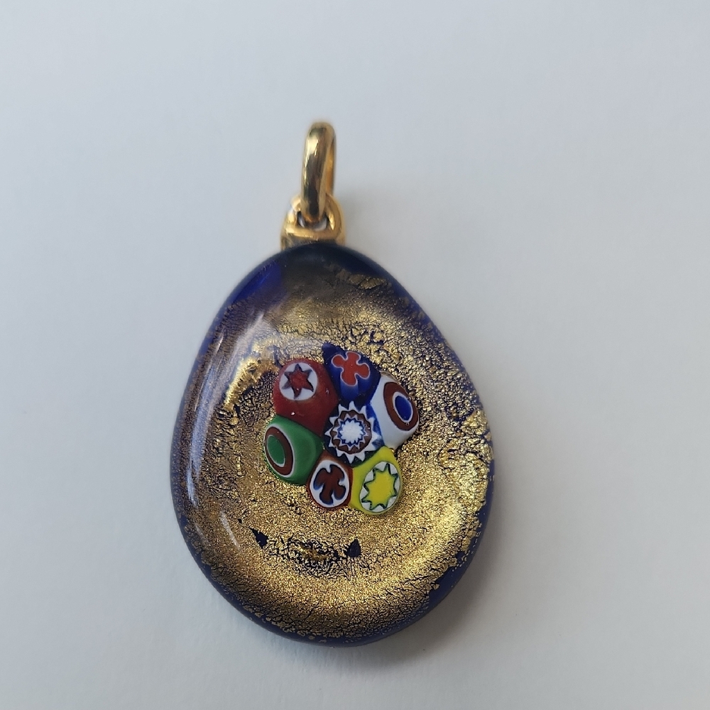 Vintage Murano Glass Teardrop Millefiori Pendant – Cobalt & Gold Foil